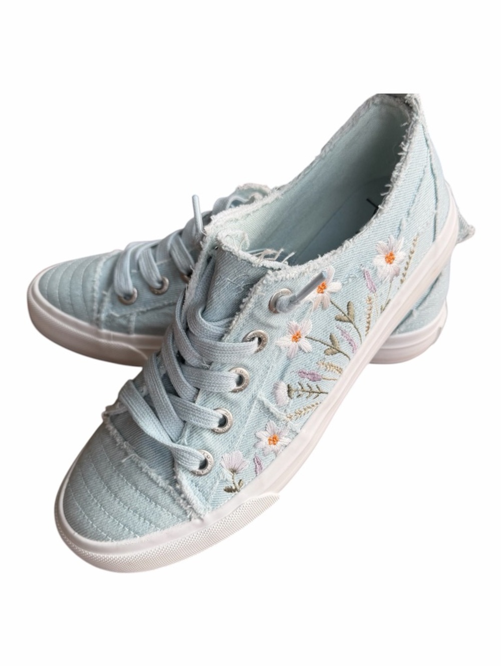 Blowfish Malibu Raw Hem Blue Denim Floral Slip On Tennis Shoes Sneakers 7.5